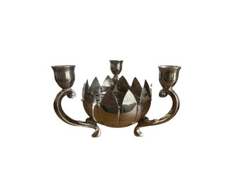 Vintage Silver-Plated Lotus Flower Bowl with 3 Candle Holders Candelabra and Flower Frog