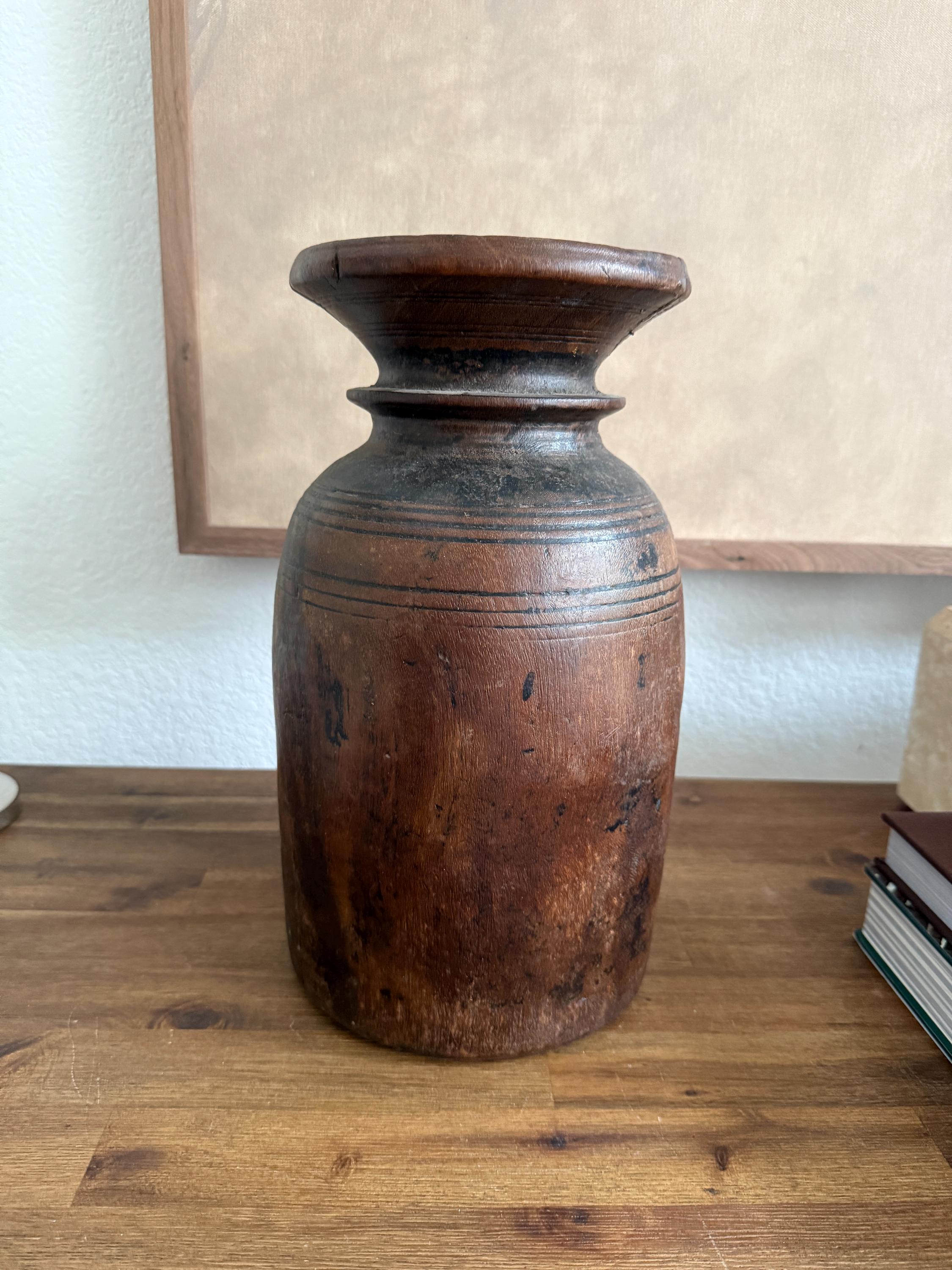 Tall Vintage Wood Water Pot
