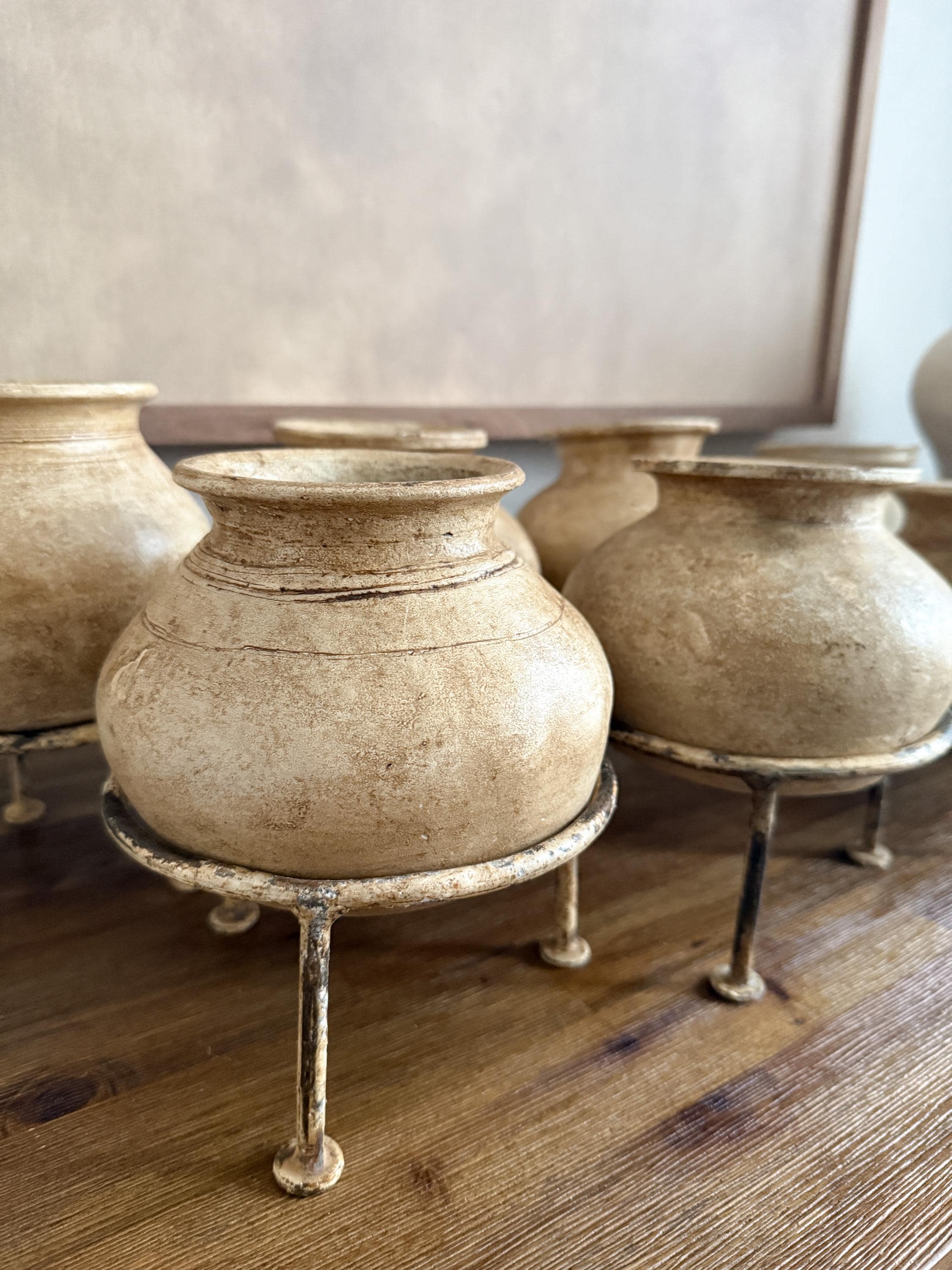 Small Vintage Clay Pot Vessel with Stand