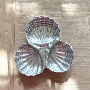 Triple Clam Shell Serving Tray, Silver Tone Cast Aluminum