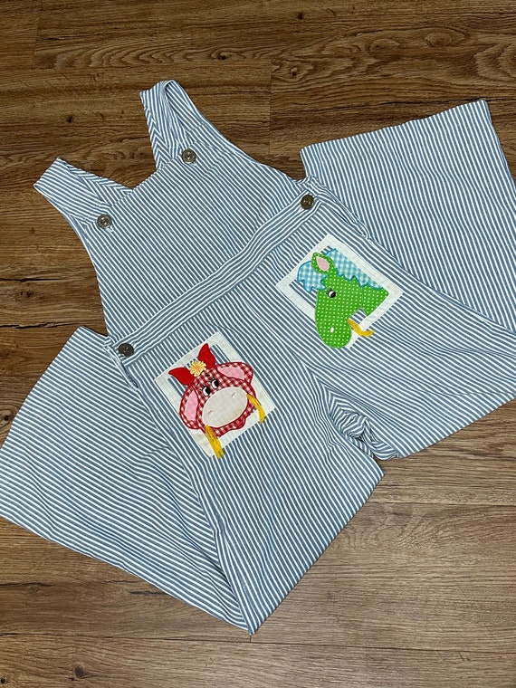 Seersucker Vintage Overalls Blue Striped 80s Toddl