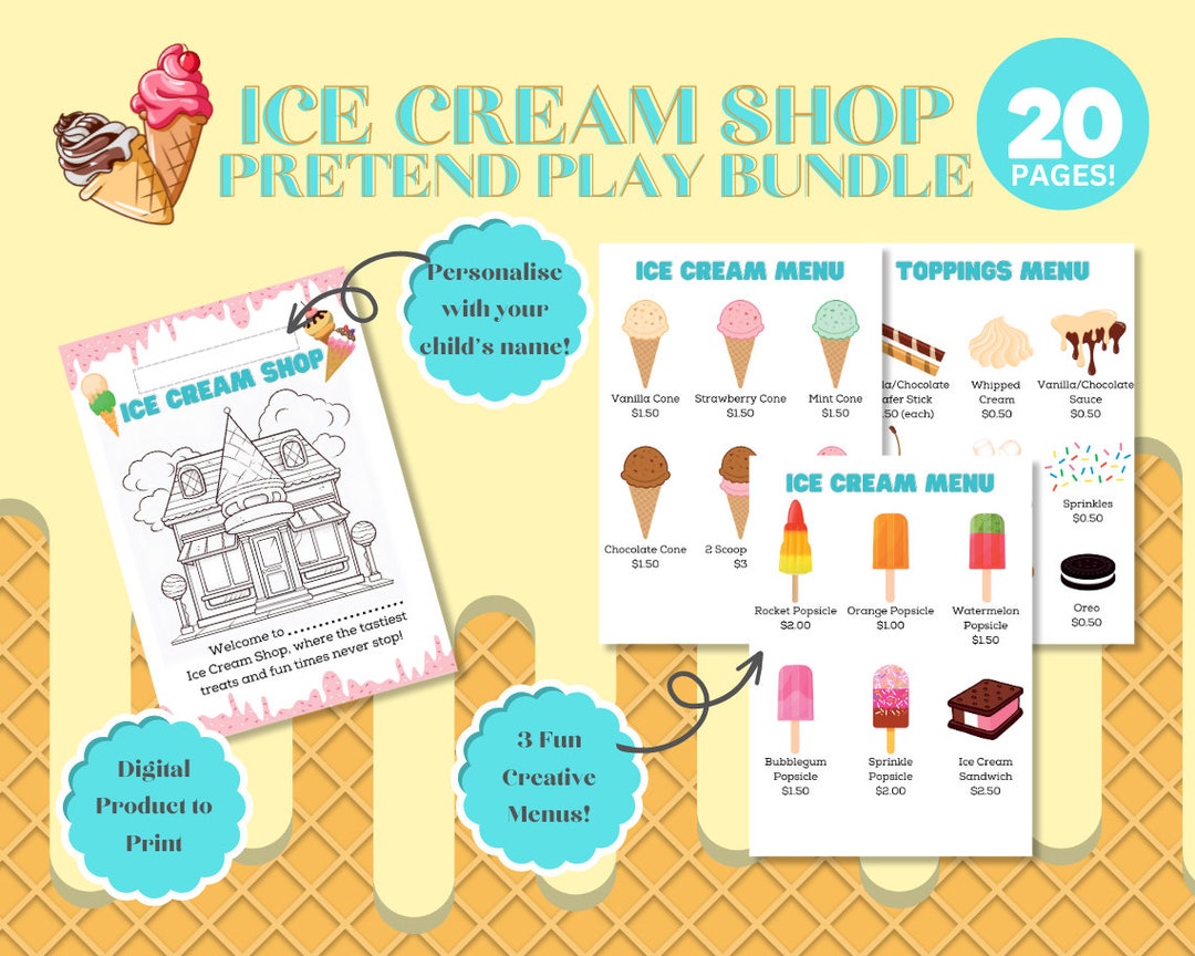 Ice Cream Shop Printable Set for Dramatic Play & Learning Fun Pretend Play, Imagination and