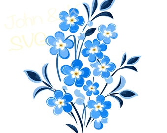 May include: A bouquet of blue forget-me-not flowers with yellow centers. The flowers are arranged in a cluster with green leaves and stems.