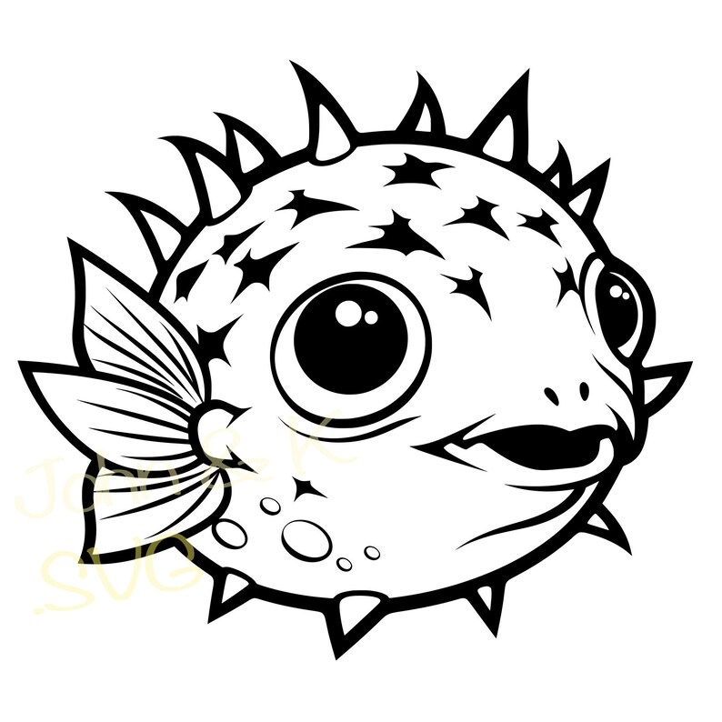 May include: Black and white line art illustration of a cartoon pufferfish with large eyes and a spiky exterior.