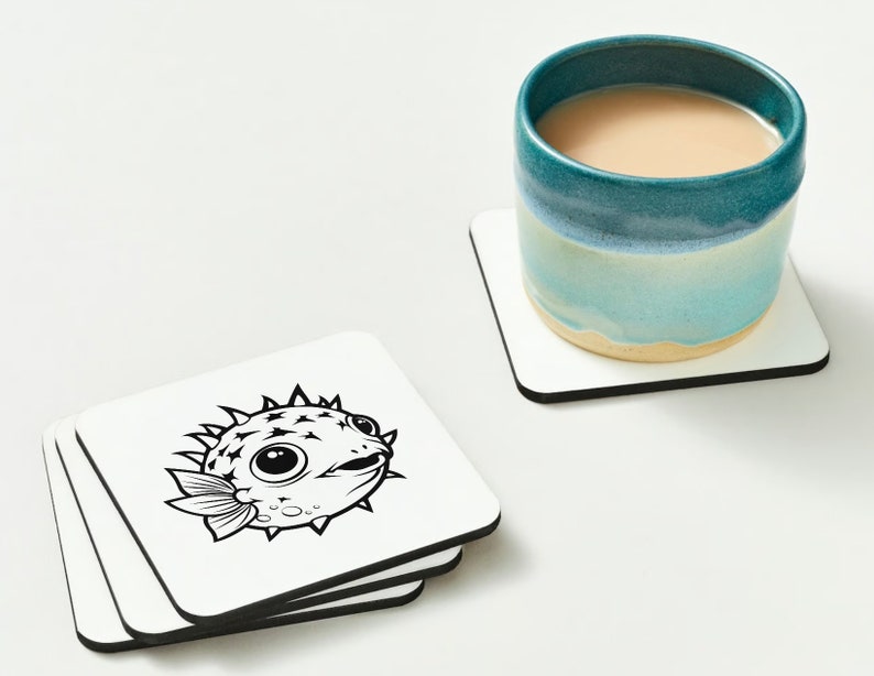 May include: Four white coasters with black line art of a pufferfish on the top coaster. The coasters are stacked on top of each other.