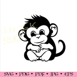 Baby Monkey SVG, Cute Monkey cutfile, Cricut Silhouette Monkey Baby Animal Clipart PNG Iron on Vinyl Laser Engraving, Commercial use