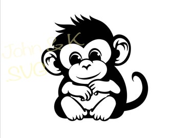 Baby Monkey SVG, Cute Monkey cutfile, Cricut Silhouette Monkey Baby Animal Clipart PNG Iron on Vinyl Laser Engraving, Commercial use
