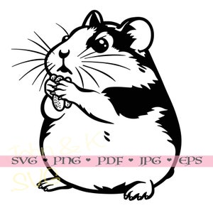 May include: Black and white line art illustration of a hamster eating a nut. The hamster is sitting up on its hind legs and holding the nut in its paws.