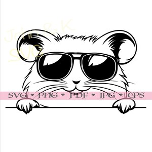 May include: Black and white line art illustration of a hamster wearing sunglasses. The hamster is looking at the viewer and has a happy expression. The hamster is peeking over a blank surface.