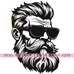 Könnte beinhalten: Schwarz-weiß-Illustration eines Mannes mit Bart und Sonnenbrille. Er hat kurze, gestylte Haare und einen dicken, vollen Bart.