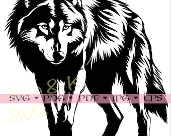 Puede incluir: Silueta en blanco y negro de un lobo con una expresión feroz. El lobo está de pie con sus patas delanteras hacia adelante y sus patas traseras ligeramente hacia atrás. El pelaje del lobo está detallado con un patrón texturizado.