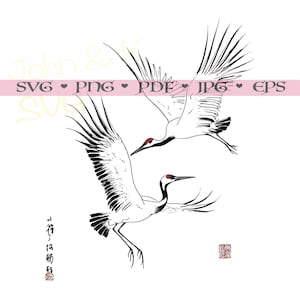 May include: Black and white line art illustration of two cranes in flight. The cranes are drawn in a traditional Japanese style with long, elegant necks and wings. The image is set against a white background.