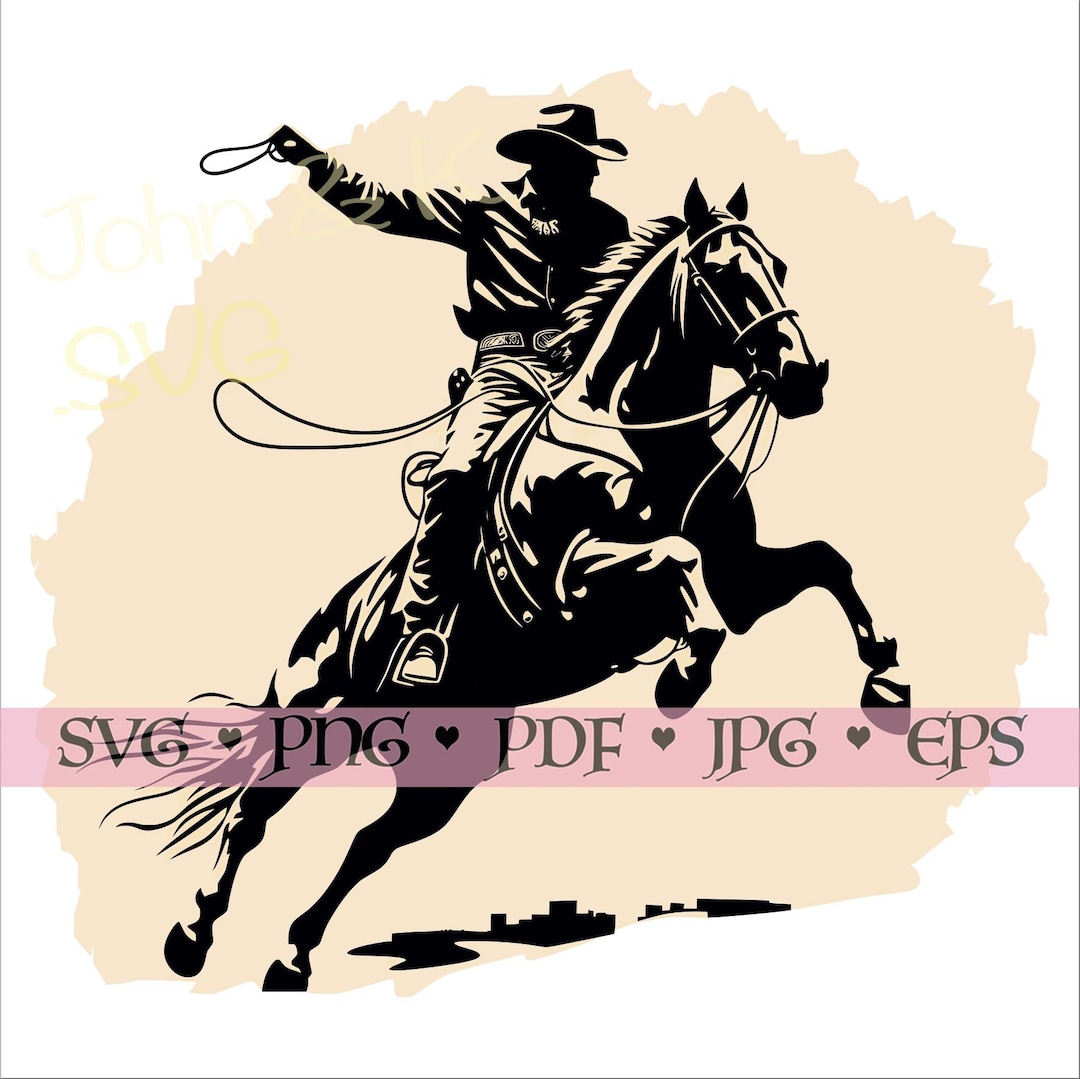 カウボーイのシルエットを持つ立ち上がる馬