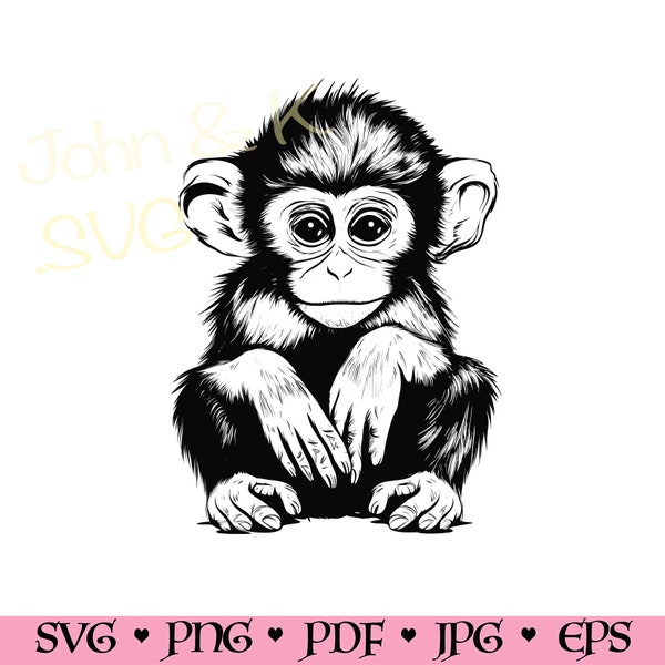 Onschuldige Ape SVG, Cute Monkey cutfile, Cricut Silhouette Ape Baby Animal Clipart PNG Iron op Vinyl Laser Gravure, Commercieel gebruik