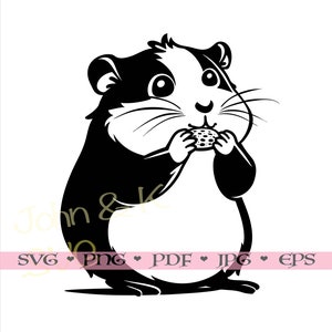 May include: Black and white illustration of a hamster eating a piece of food. The hamster is standing on its hind legs and has a happy expression on its face.