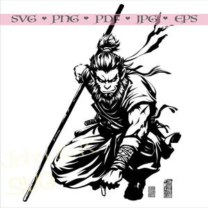 Monkey King Svg, WuKong svg, Journey to the West decoração Silhueta Clipart Jpg Pdf Png Ferro em vinil Gravação a laser, Uso comercial