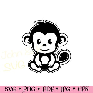 Baby Monkey SVG, Cute Monkey cutfile, Cricut Silhouette Monkey Baby Animal Clipart PNG Iron on Vinyl Laser Engraving, Commercial use
