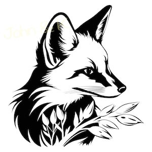 Puede incluir: Ilustración en blanco y negro de la cabeza de un zorro con un diseño floral estilizado detrás.