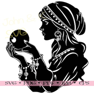 Chica gitana Svg, Vector de chica gitana, adivino Clipart Cricut Silueta png jpg pdf eps Hierro en vinilo Grabado láser, Uso comercial