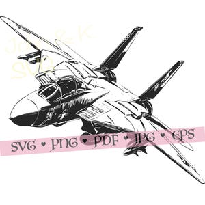 May include: Black and white illustration of a fighter jet in flight. The image shows the jet's wings, cockpit, and tail fins. The image includes the text "SVG • PNG • PDF • JPG • EPS" on a pink banner.