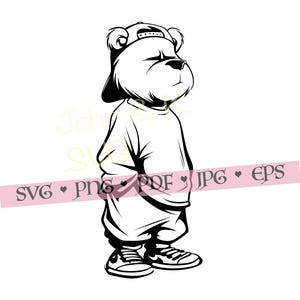May include: Black and white illustration of a bear wearing a backward baseball cap, a long-sleeved shirt, and sneakers. The bear has a serious expression and is standing with its hands in its pockets. The image has a cartoon style.