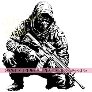 May include: Black and white illustration of a person wearing a hooded jacket and a face mask, holding a rifle. The person is crouching down and looking to the right.