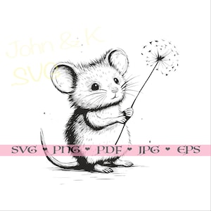 Souris SVG, Souris mignonne SVG, Souris pissenlit cutfile Clipart Cricut Silhouette png jpg pdf eps Fer sur gravure laser vinyle, Utilisation commerciale