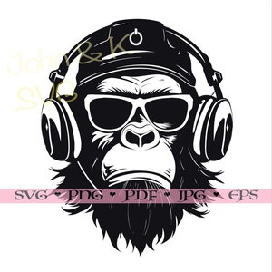 Gorilla svg, DJ Gorilla png, cutfile Cricut Silhouette Gorilla Clipart Png Jpg Pdf Png Eisen auf Vinyl Lasergravur, kommerzielle Nutzung