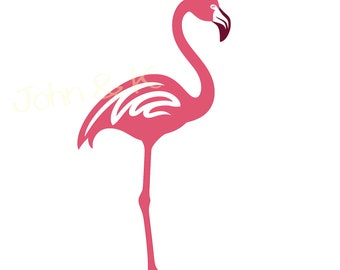 May include: A pink flamingo silhouette with a white outline on its wings. The flamingo is standing on one leg with its head turned to the side.