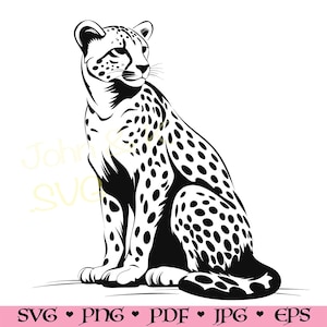 Könnte beinhalten: Schwarz-weiße Silhouette eines Geparden, der mit seinem Schwanz um die Beine gewickelt sitzt. Der Gepard blickt nach rechts und hat ein geflecktes Muster.