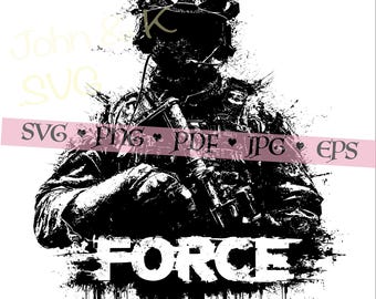 Tactical Soldier Svg, Military Force Grunge Clipart Silhouette Army Warrior png jpg pdf eps Splatter Design Commercial Use Combat