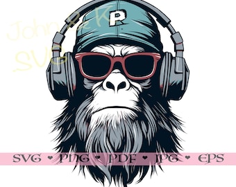 Op de afbeelding: Illustratie van een gorilla met een blauwe pet met een witte "P", rode zonnebril en grijze koptelefoon. De gorilla heeft een serieuze uitdrukking tegen een witte achtergrond. De afbeelding bevat de tekst "SVG, PNG, PDF, JPG, EPS".