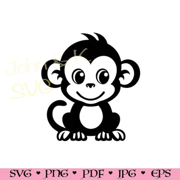 Baby Monkey SVG, Cute Monkey cutfile, Cricut Silhouette Monkey Baby Animal Clipart PNG Ferro su incisione laser in vinile, uso commerciale