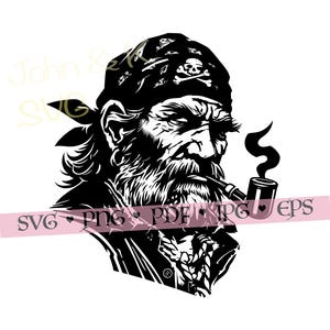 May include: Black and white illustration of a bearded pirate smoking a pipe. The pirate wears a bandana with a skull and crossbones design. The image is a vector graphic, with the words "SVG PNG PDF JPG EPS" across the bottom.