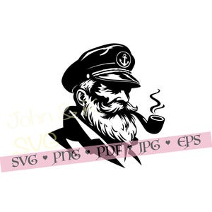 May include: Black and white illustration of a sea captain with a full beard, smoking a pipe. The captain wears a hat with an anchor emblem. The image has a vintage, nautical theme.