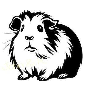 May include: Black and white line art illustration of a guinea pig. The guinea pig is facing forward with its head tilted slightly to the side. It has a fluffy body and a long, bushy tail.