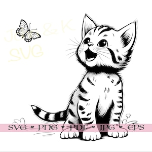 Kätzchen mit Schmetterling Aufnäher, süße Katze schneidet die Datei Silhouette Png Jpg Pdf Eisen auf Vinyl Lasergravur, kommerzielle Nutzung