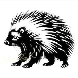 May include: Black and white illustration of a porcupine with a spiky back and a small, pointed nose.