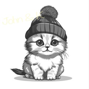 May include: A black and white illustration of a kitten wearing a gray and blue knit beanie with a white pom pom. The kitten is sitting with its paws tucked under its body and has a sweet expression on its face.