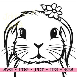 May include: Black and white line art illustration of a bunny rabbit's face with a flower on its head. The bunny has large eyes and a small nose.