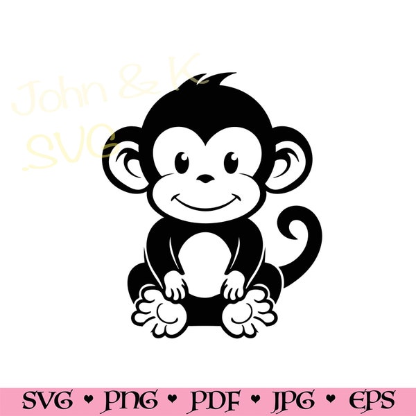 Cute Monkey SVG, Cute Monkey cutfile, Cricut Silhouette Monkey Baby Animal Clipart PNG Iron on Vinyl Laser Engraving, Commercial use