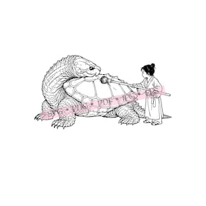 May include: A black and white line art illustration featuring a large, textured snapping turtle with a prominent shell and a small child wearing traditional robes, holding a long brush and painting the surface of the turtle's shell.