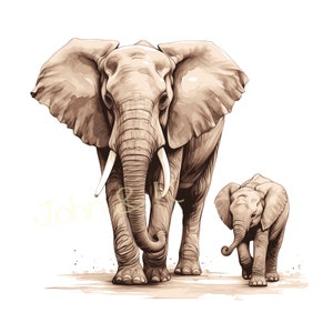 May include: A large, brown elephant walks with its trunk raised, followed by a smaller, brown elephant calf. Both elephants are drawn in a realistic style with detailed features.