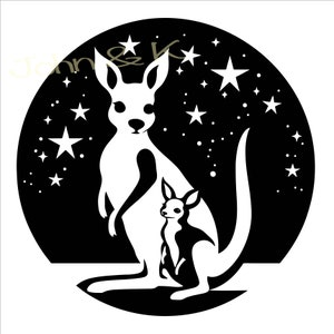 May include: A black and white illustration of a kangaroo and joey set against a starry night sky. The kangaroo and joey are white, with black accents. The background is a black circle filled with white stars.