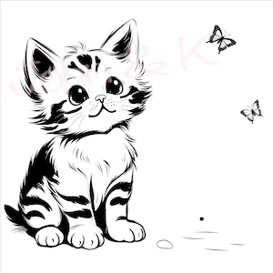 Chaton Svg, chaton avec papillon Svg, chat mignon svg, clipart chaton curieux, chat Svg pour polaire, chemise, serviette, fichier png Pdf jpg