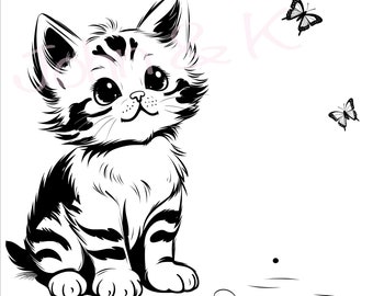Kitten Svg, Kitten with butterfly Svg, Cute Cat svg, Curious Kitten Clipart,  Cat Svg for Fleece, Shirt, Towel, Cutfile png Pdf jpg