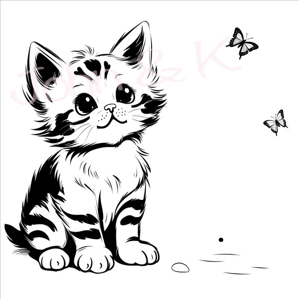 Gatito Svg, Gatito con mariposa Svg, Gato lindo svg, Imágenes prediseñadas de gatito curioso, Gato Svg para vellón, Camisa, Toalla, Cutfile png Pdf jpg