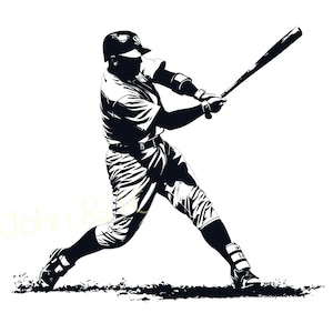 May include: A black and white silhouette of a baseball player swinging a bat.
