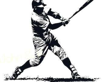 May include: A black and white silhouette of a baseball player swinging a bat.