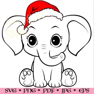 May include: A cartoon illustration of a white elephant wearing a red and white Santa hat. The elephant is sitting with its legs crossed and has a big smile on its face.
